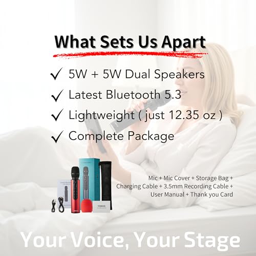 Handheld Bluetooth 5.3 Wireless Microphone, Portable Karaoke Mic with Condenser for Clear Vocals, 10W Dual Speakers, Perfect for Singing, Parties, Travel, Gift for Men (Black)