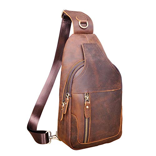 Le'aokuu Men Fashion Casual Tea Designer Travel Hiking Crossbody Chest Sling Bag Rig One Shoulder Strap Bag Men Leather 8015