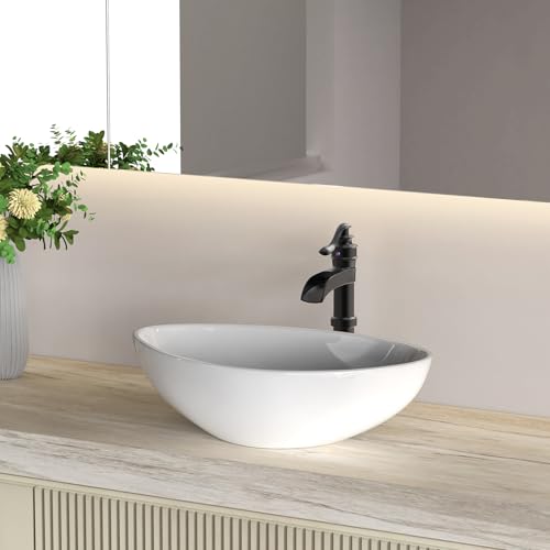 Vessel Sink Faucet, Oil Rubbed Bronze Black Bathroom Faucet, Farmhouse Waterfall Sink Faucet Single Hole with Pop Up Drain Assembly Without Overflow One Hole Mixer Tap Deck Mount