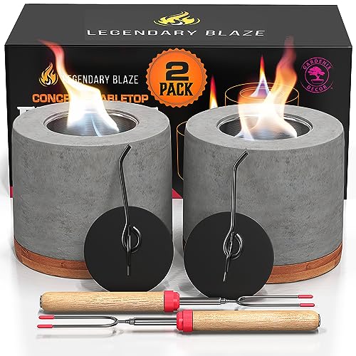 2 Pack Gardenix Decor Concrete Tabletop Fire Pit with Bamboo Base; Burns Ethanol and Multiple Fuels; 2 Extending Marshmallow Roasting Stick Forks; Table Top Fire Pit Bowl/Mini Tabletop Fireplace