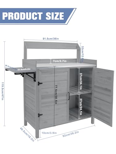 Kalolary Potting Bench for Outside Garden Potting Table with Storage Cabinet Foldable Shelf Multipurpose Garden Workstation Wooden Outdoor Potting Bench for Patio Garden Horticulture(Grey)