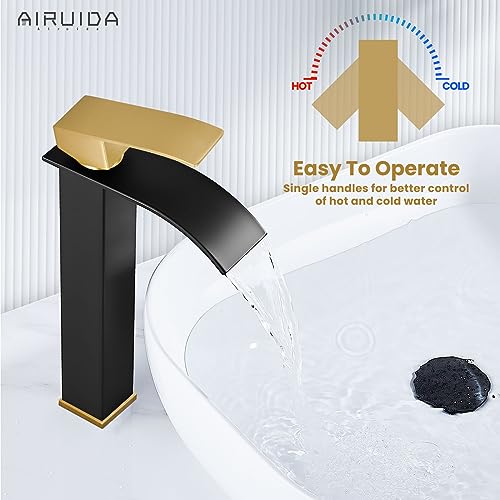 Airuida Brushed Gold Tall Waterfall Bathroom Vessel Sink Faucet Modern Bathroom Vanity Faucet Single Handle Single Hole Farmhouse Bar Mixer Tap Washbasin Faucet Deck Mount