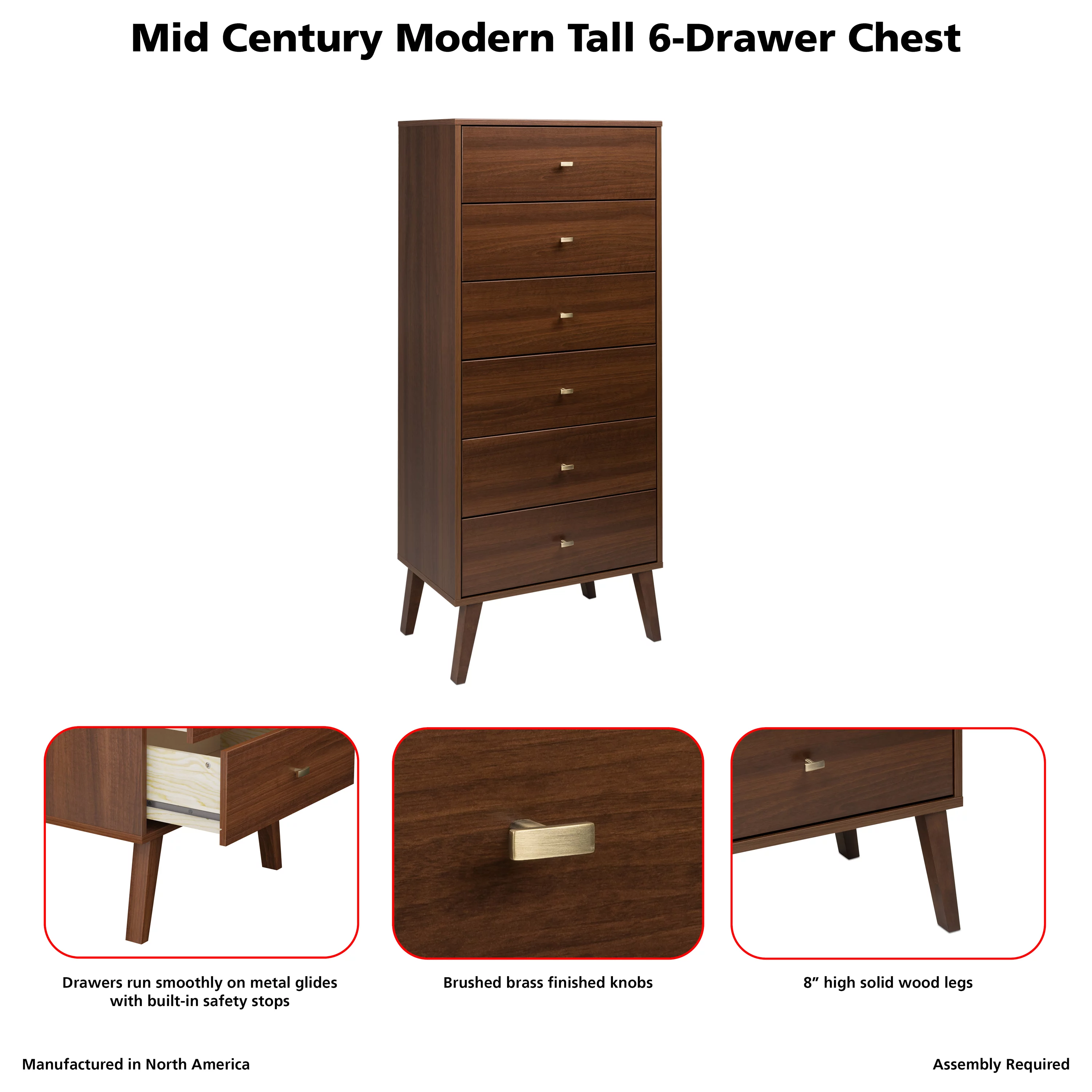 Prepac Milo Mid Century Modern Tall 6-Drawer Chest, Cherry