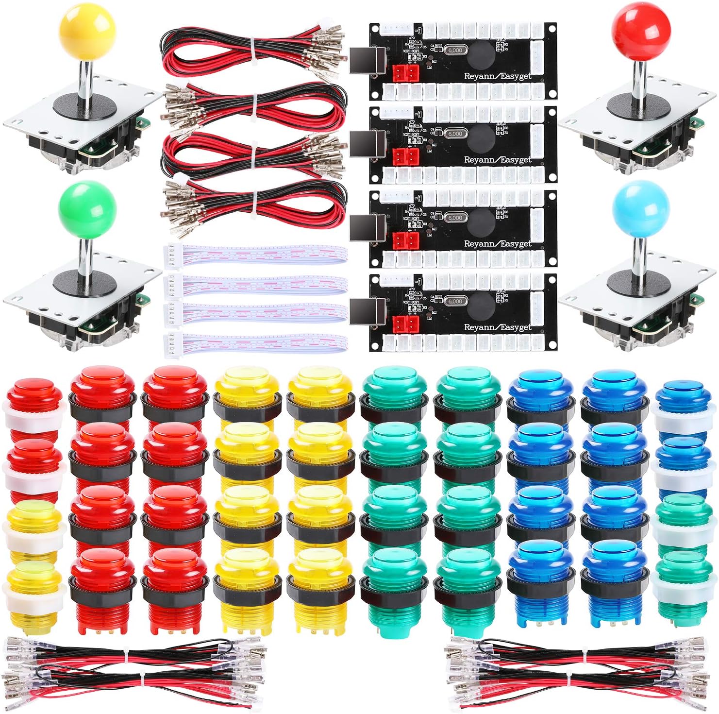 4 Player LED Arcade Games DIY Kit, 4X Fighting Joystick + 40x LED Arcade Buttons + 4X USB Encoder for PC MAME & Raspberry Pi 1/2/3, Multicolor
