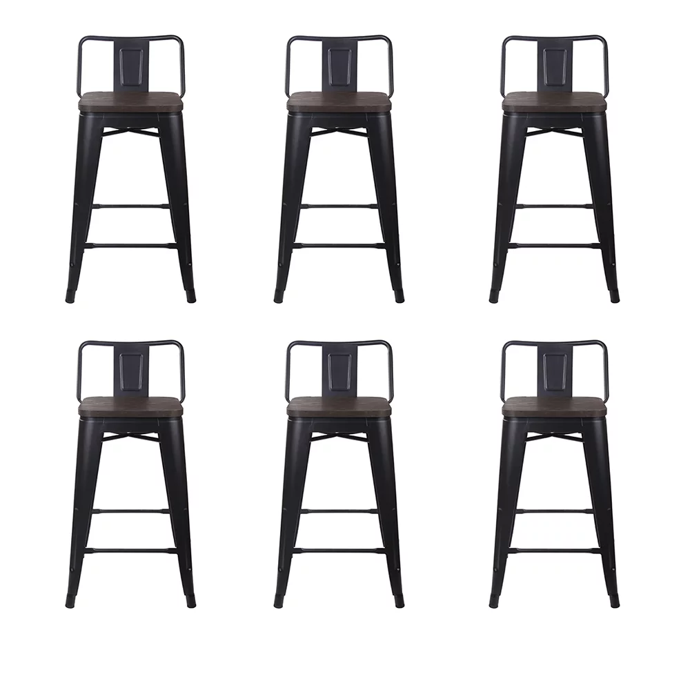 Leejay Black 24 inch Low Back Counter Height Metal Barstool with Dark Wood Seat, Set of 6
