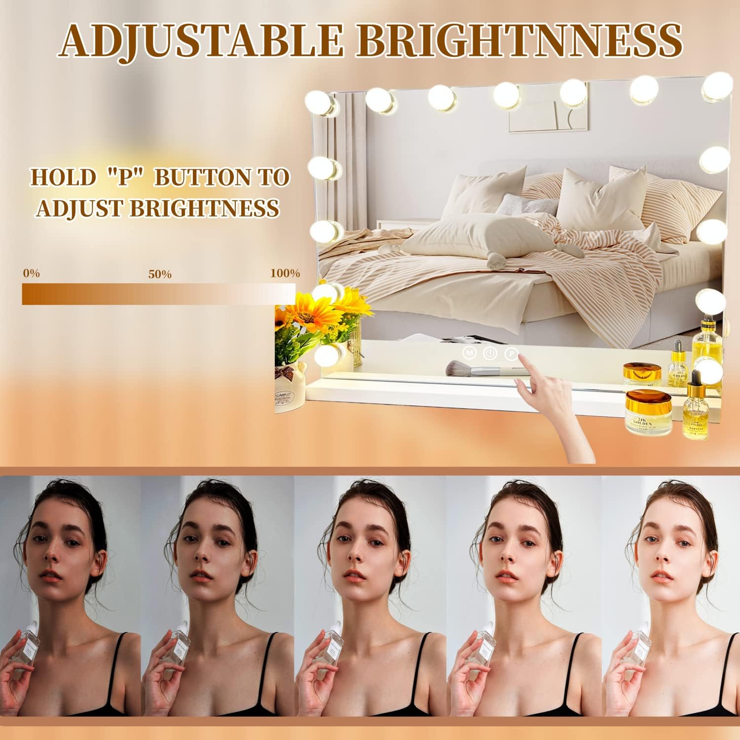 Vanity Mirror with Lights,Lighted Vanity Mirror with 15 Dimmable Bulbs for Dressing Room & Bedroom,3 Color Lighting,Modes Detachable 10x Magnification 360°Ratation (Off White-15 Bulbs)