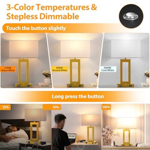 3 Color Temperatures Table Lamps for Bedrooms Set of 2, 22’’ Touch Control Bedside Nightstand Lamps with 2 USB Ports & AC Outlet, Stepless Dimmable Lamps with White Shade, Modern Decor for Living Room