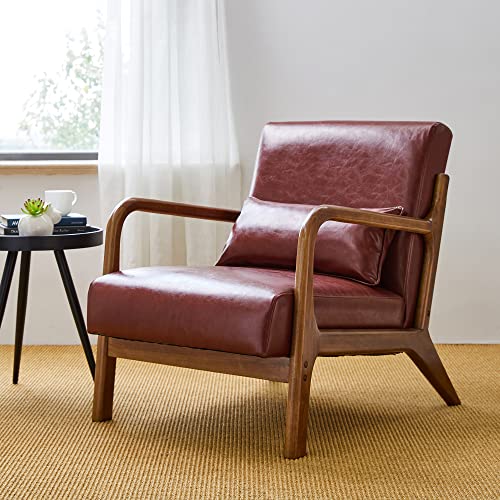 Glitzhome 2 Set Mid Century Black Accent Armchair, Single Reading Armchair PU Leather Lounge Chair with Walnut Ruberwood Frame