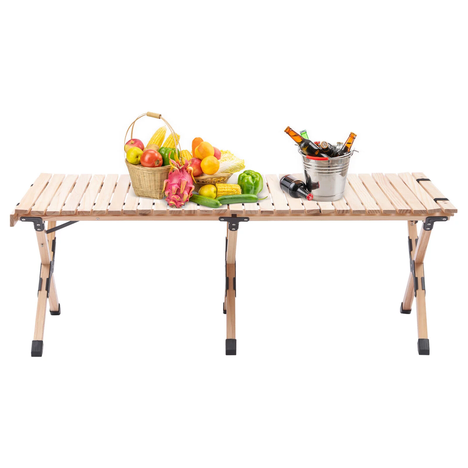 Oukaning 120*60cm Wooden Portable Table Picnic Folding Roll Up Outdoor Camping Beach MAXLoad 110KG