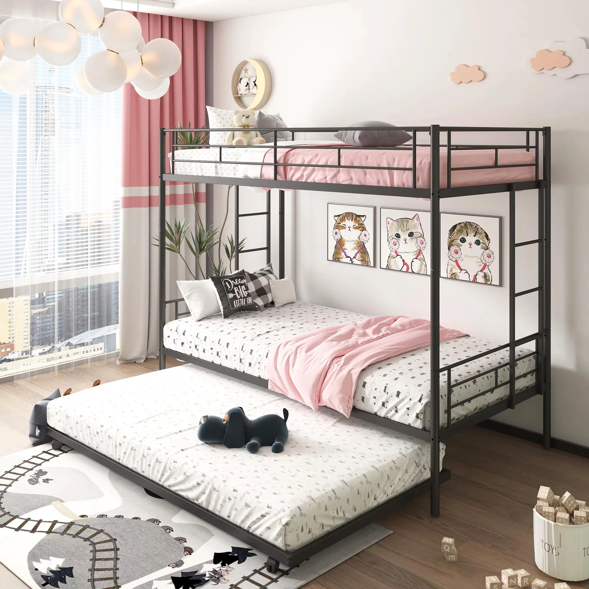 Gewnee Twin over Twin Bunk Bed with Trundle,Metal Bed Frame Bunk Beds with Ladder and Safety Guardrails for Kids Room, Black