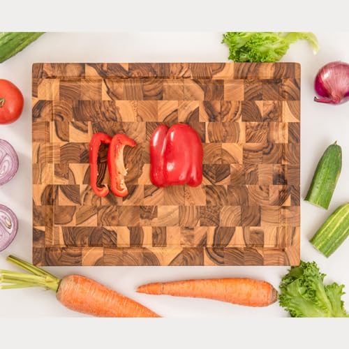 Large End Grain Butcher Block Cutting Board, Thick Teak Wood Cutting Board, Big Reversible Wooden Chopping Serving Board with Juice Groove, 16 x 12 x 1.5 inch
