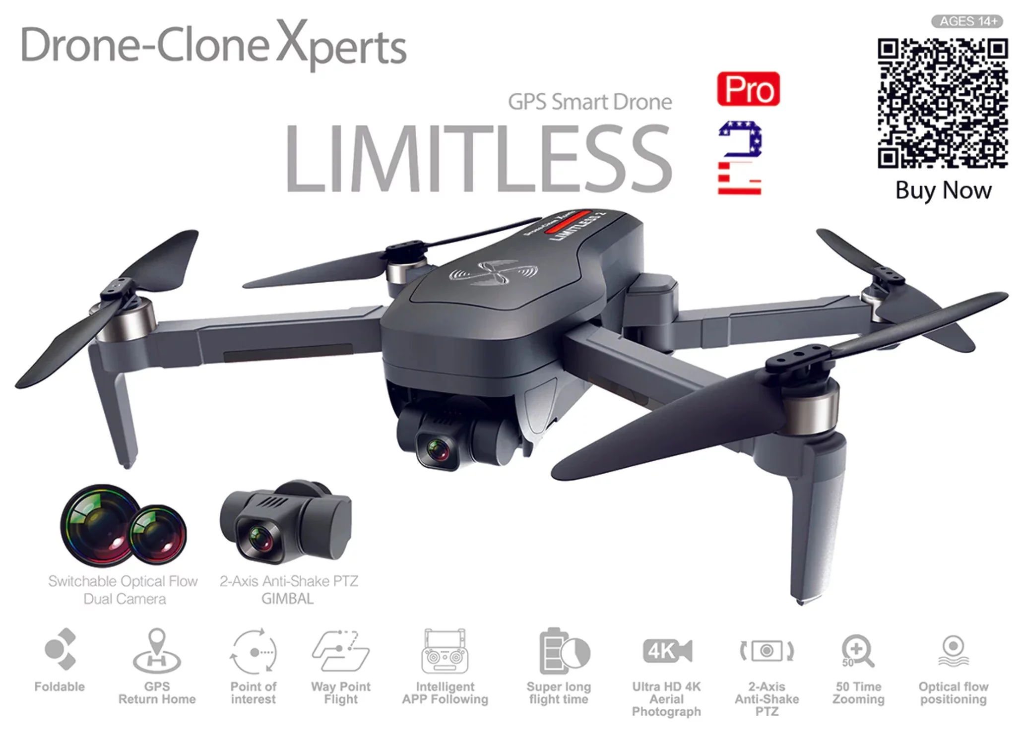 Drone X Pro LIMITLESS 2 GPS 4K UHD 5G WiFi Dual Camera FPV Live Video Follow Me 25min Battery RTH