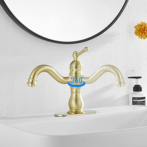 GGStudy 360° Swivel Antique Brass Bathroom Vessel Sink Faucet Single Handle One Hole Matching with Pop Up Drain