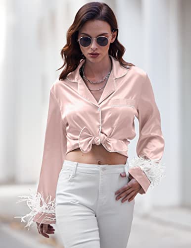 Ekouaer Women's Bridal Feather Trim Silk Satin Pajama Set Long Sleeve Lounge Sets Sleepwear (Removable Feather)