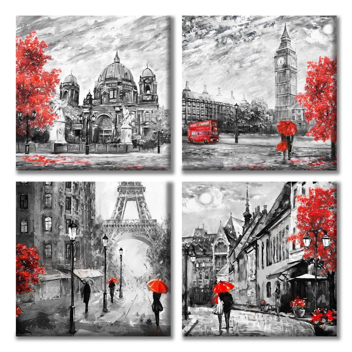 Paimuni Black White Red Wall Art Big Ben Eiffel Tower Berlin Street Romantic Picture Canvas Prints Wall Decor