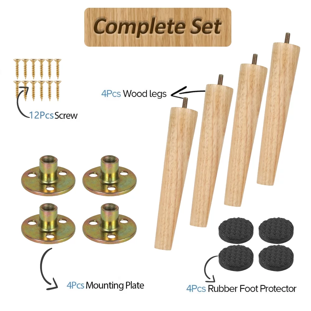 Fyeme Wooden Table Legs, Wood Furniture Leg, Wooden Sofa Feet, Wood Tapered Furniture Feet with Screws for Couch Sofa Bed Cabinet Ottoman Set of 4