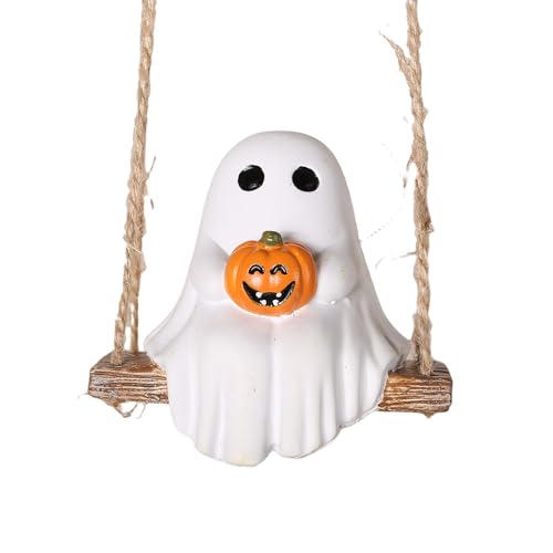 White Ghost Pumpkin Swing with Rope Hook Halloween Decoration, Skeleton Garden Courtyard Pendant Resin Crafts