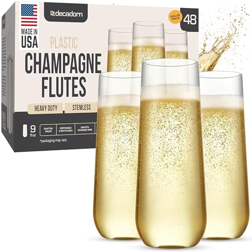 DECADORN Clear Stemless Champagne Flutes Plastic 48 Pack - 9oz Plastic Champagne Glasses - Durable and Sturdy Mimosa Glasses For Parties - Shatterproof, Recyclable, BPA-Free, Smooth Rims.