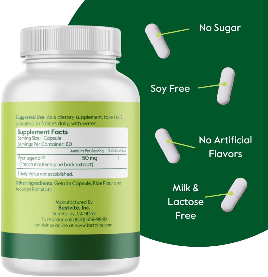 BESTVITE Pycnogenol 50mg (120 Capsules) (60x2) - French Maritime Pine Bark Extract - No Stearates - Gluten Free - Non GMO