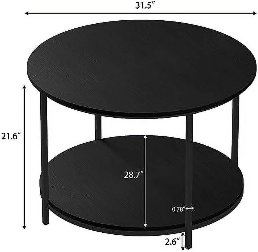 Round Coffee Tables Living Room  31.5 inch 2-Tier Rustic Wood Desktop & Sturdy Metal Legs  Mid Century Modern Circle Coffee Tables with  Open Shelf
