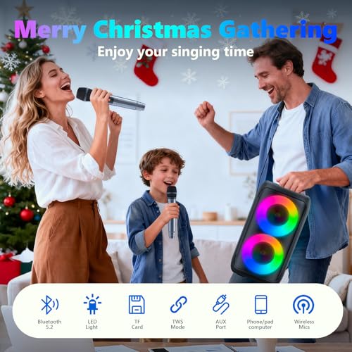 Karaoke Machine, Portable Bluetooth Speaker with 2 Wireless Karaoke Microphones, Karaoke Machine for Adults Kids with PA System,Stage Monitors Support TWS/TF/USB/AUX for Home Party Stage,Xmas Gifts