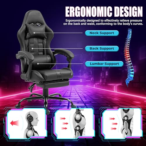 Massage Gaming Chair w/Footrest, Ergonomic High Back PC Chair w/Headrest and Lumbar, PU Swivel Home Desk Office Chair, Black