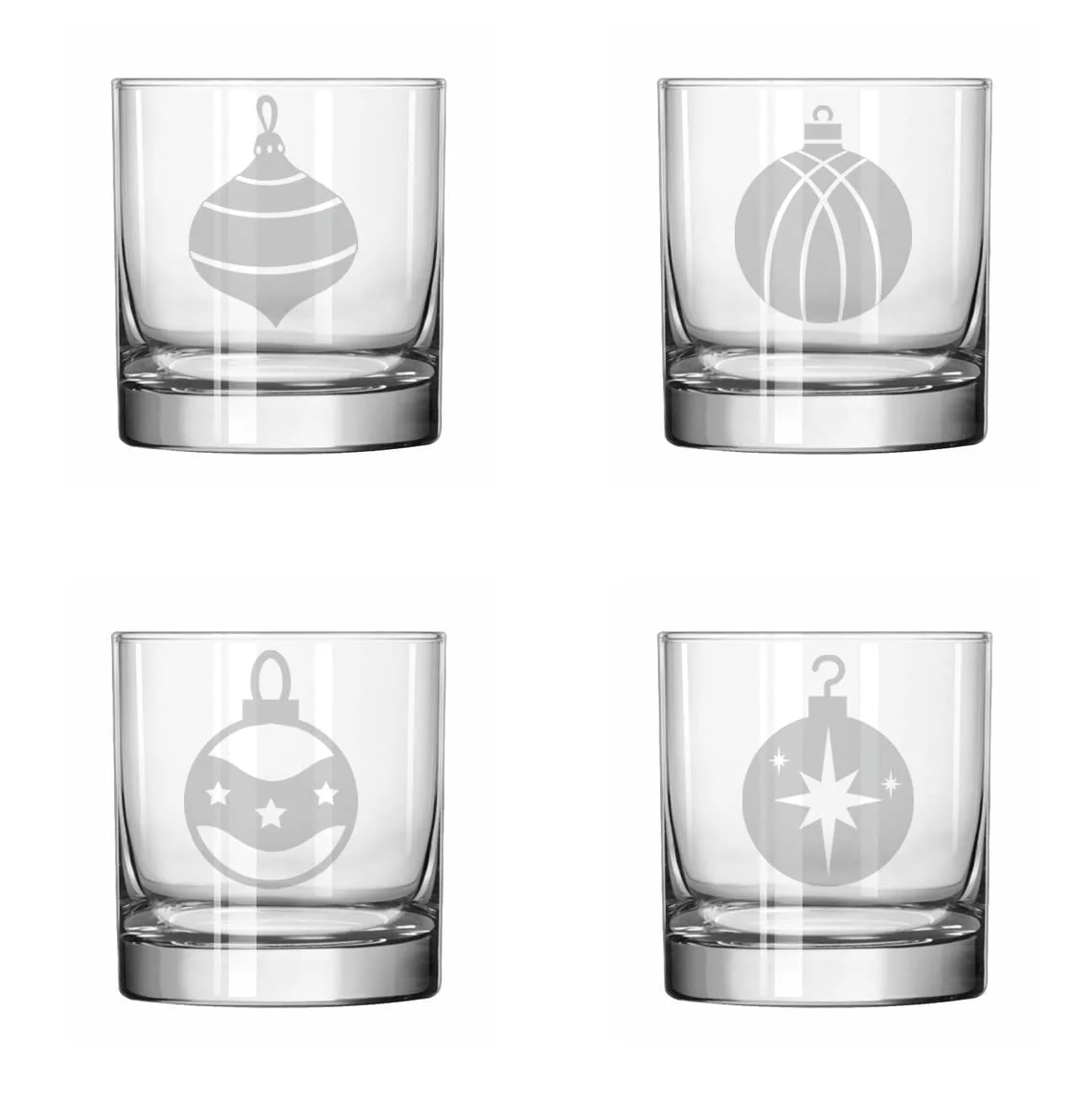 MIP Set of 4 Glass 11 oz Rocks Whiskey Old Fashioned Christmas Ornament Collection