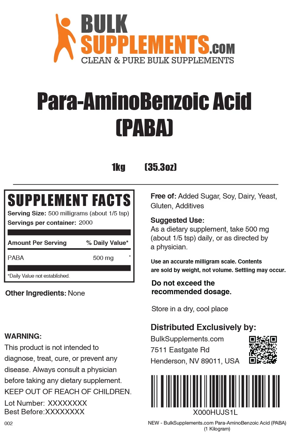 BulkSupplements.com para-Aminobenzoic Acid (PABA) (1 Kilogram - 2.2 lbs)