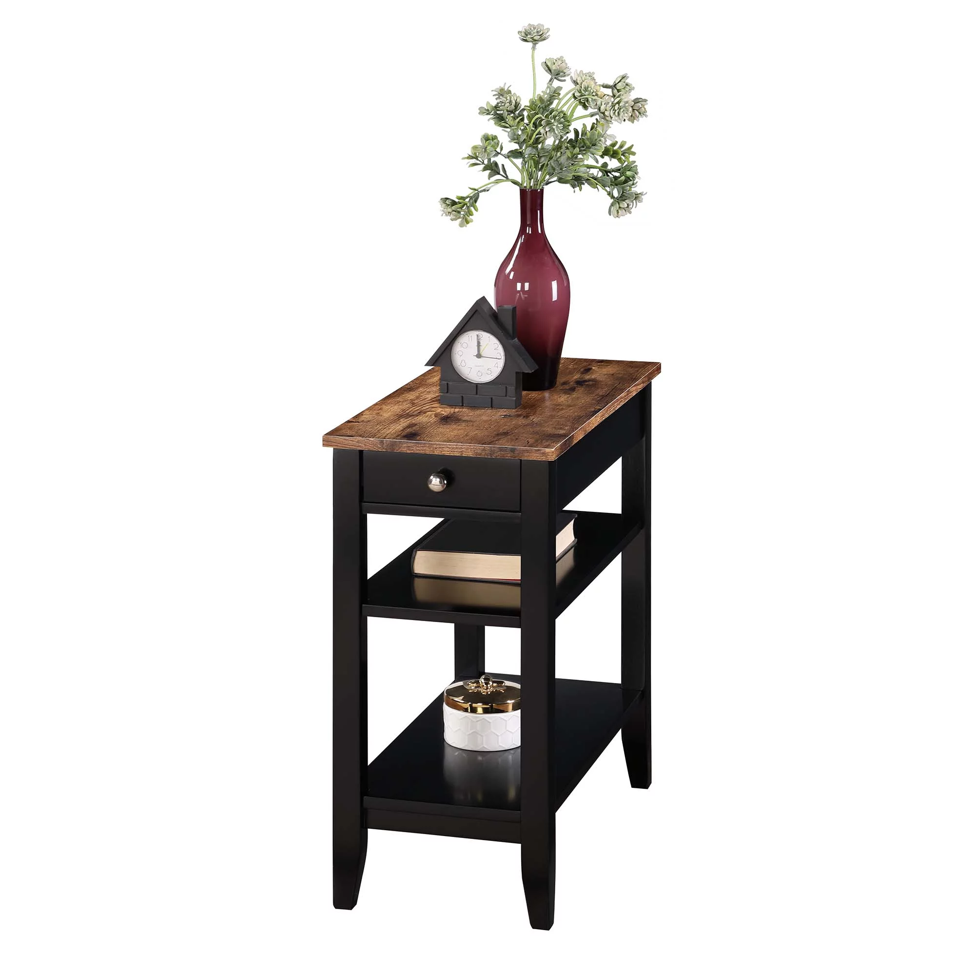 Convenience Concepts American Heritage 1 Drawer Chairside End Table with Shelves, Barnwood/Black