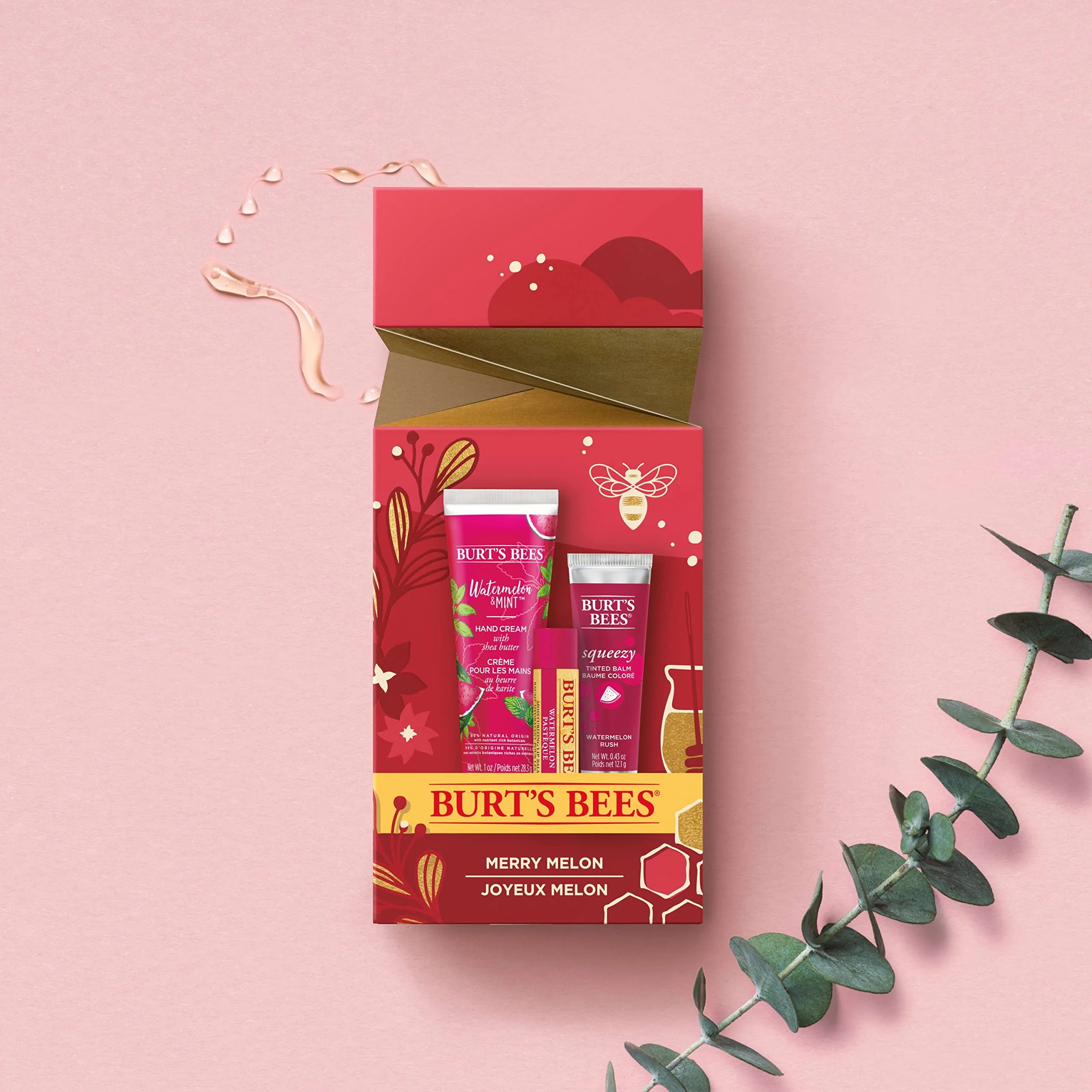 Burt,S Bees Christmas Gifts, 3 Stocking Stuffers Products, Merry Melon Set - Watermelon Moisturizing Lip Balm, Watermelon Rush Squeezy Tinted Lip Stain+ Balm Duo & Watermelon Mint Hand Cream (3-Pack)