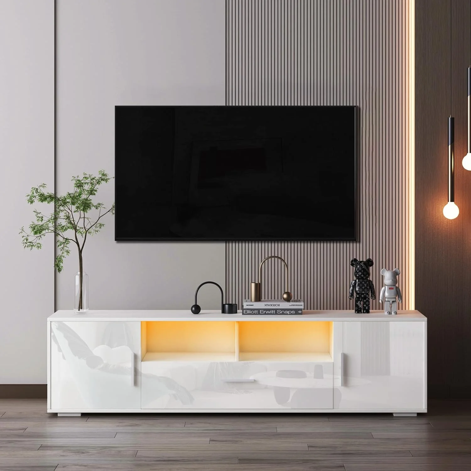 White TV Stand, Modern LED TV Stand For 65 Inch TV, TV Cabinet TV Console Table With Storage, Entertainment Center With Light Belt And Control For Living Room/Bedroom