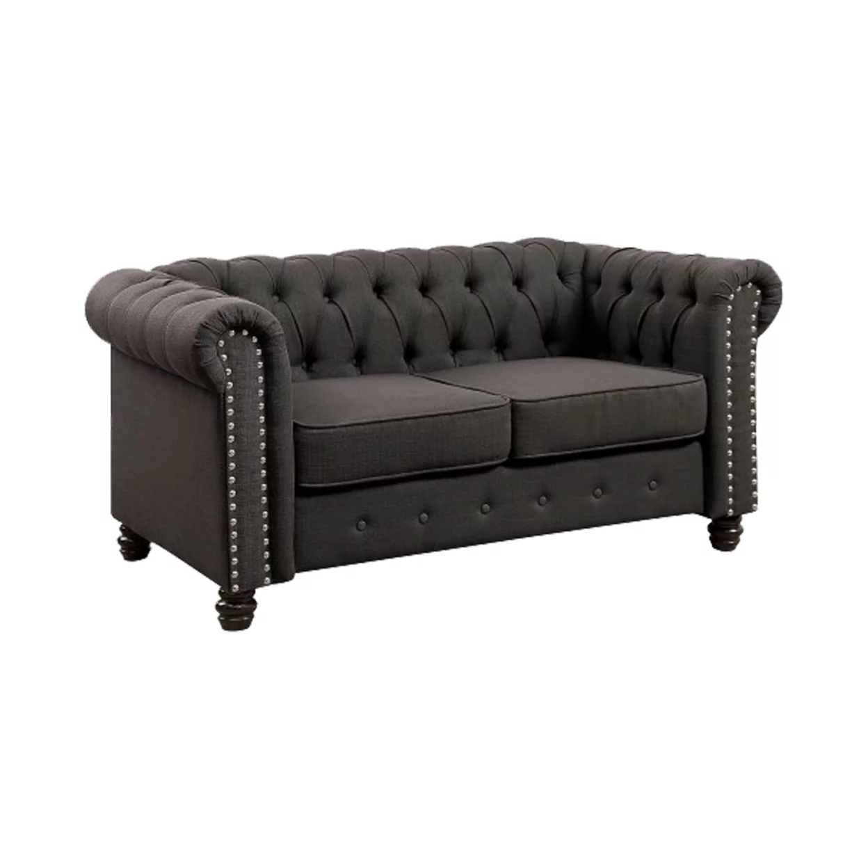 Fabric Upholstered Chesterfield Loveseat with Nailhead Trims, Gray- Saltoro Sherpi