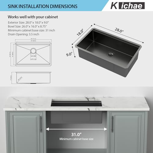 Kichae 12“ Deep Laundry Sink Undermount - 24 Inch Black Undermount Utility Sink Stainless Steel Single Bowl Under Counter Handmade Laundry Utility Room Basin