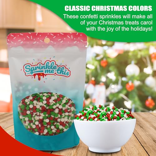Confetti Christmas Sprinkles - 12 Oz Resealable Stand Up Candy Bag - Christmas Themed Holiday Sprinkle Mix - White, Green, and Red Quins - Bulk Sprinkles for Baking and Decorating