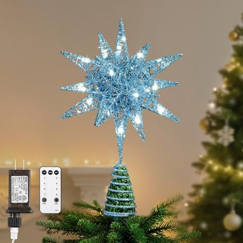 Lewondr Christmas Tree Topper, Plug in 3D Starburst Xmas Lighted Star Tree Topper, Remote Control & Timer Light Up Vintage Moravian Tree Topper for Christmas Decoraiton, Warm Light, Champagne Gold