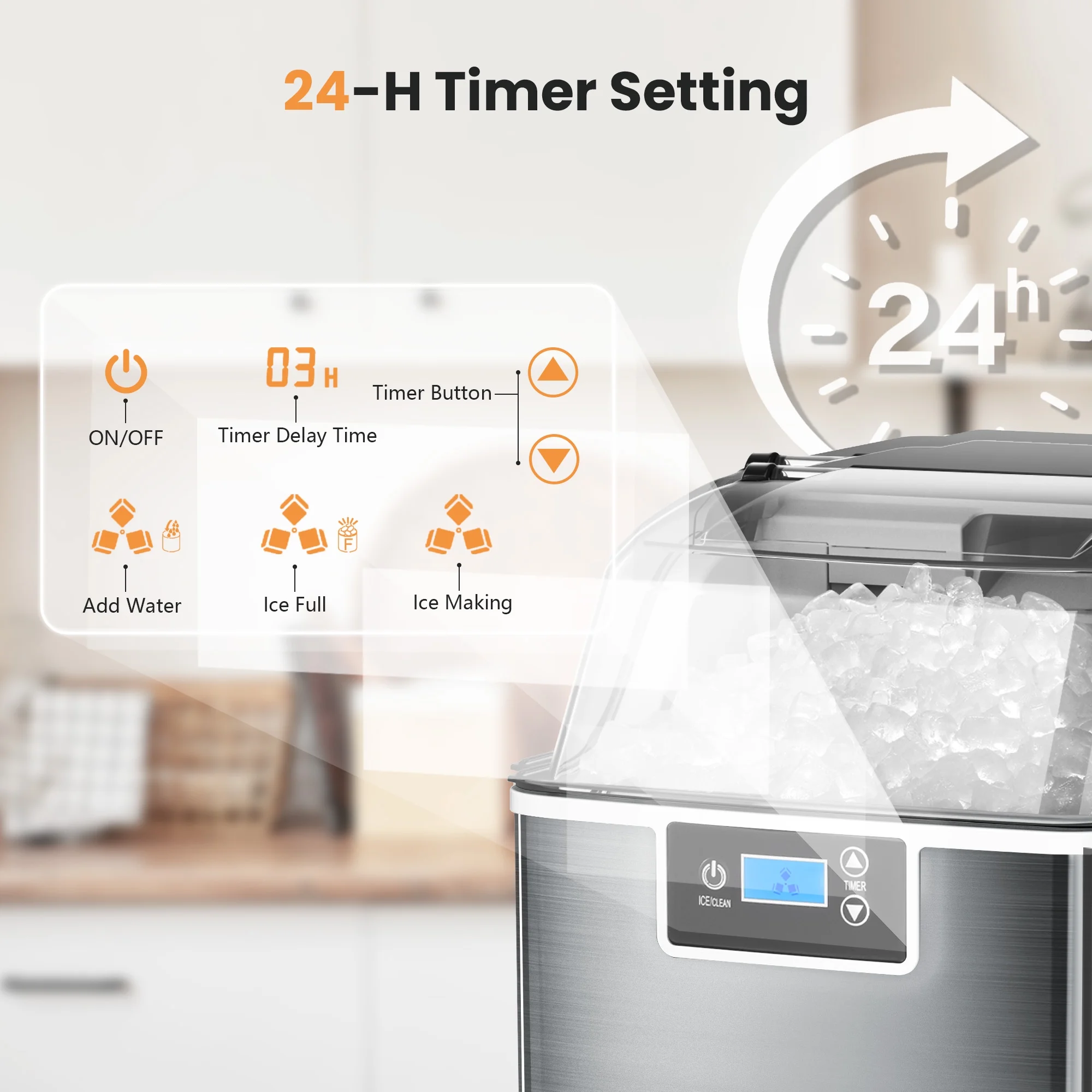 Besttey Countertop Ice Maker, Nugget Chewable Soft Ice, 44 lbs/24 H, Auto-Cleaning, Portable/Compact, w/ Basket & Scoop, Silver