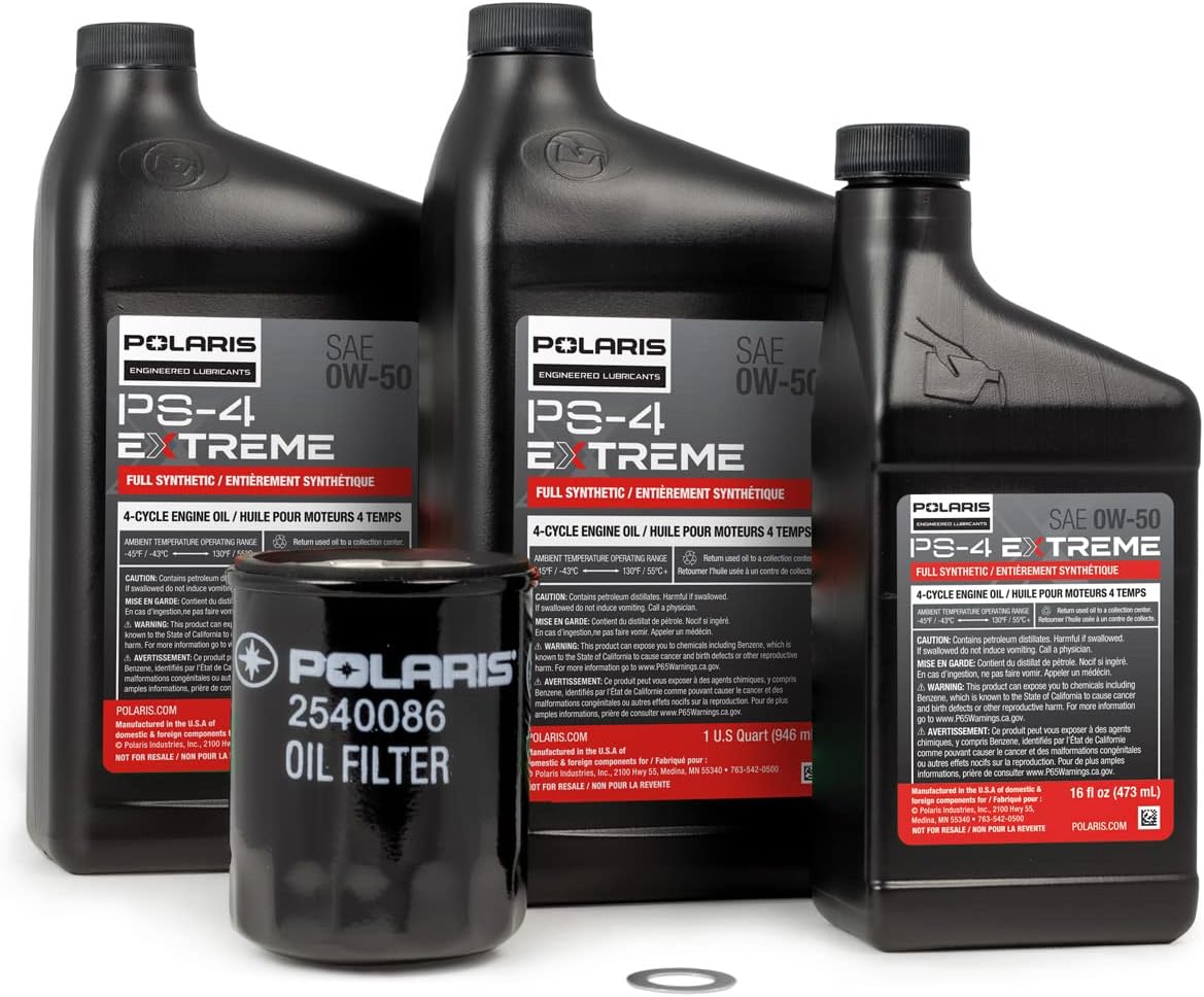 Polaris PS4 Oil Change Kit for Specific RANGER, GENERAL, RZR Models With 4 Stroke Engine, Includes 2.5 Quarts PS-4 EXTREME 0W-50 Full Synthetic Oil, 1 Oil Filter, 1 Washer, ATV UTV SxS - 2890057