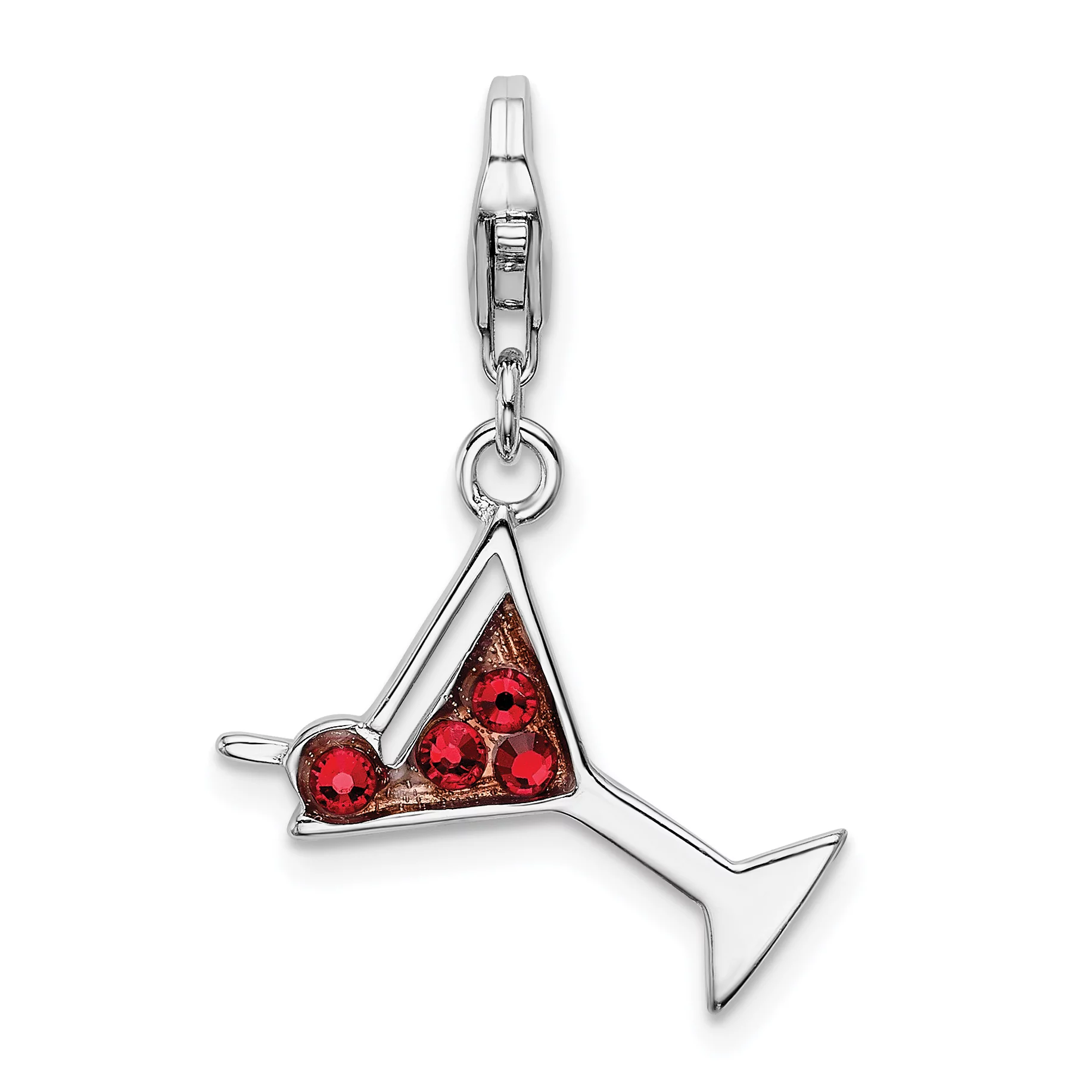Carat in Karats Sterling Silver Polished Finish Rhodium-Plated Enameled Red Crystal Martini Glass Charm With Fancy Lobster Clasp Pendant (36mm x 18mm) With Sterling Silver Cable Chain Necklace 18''