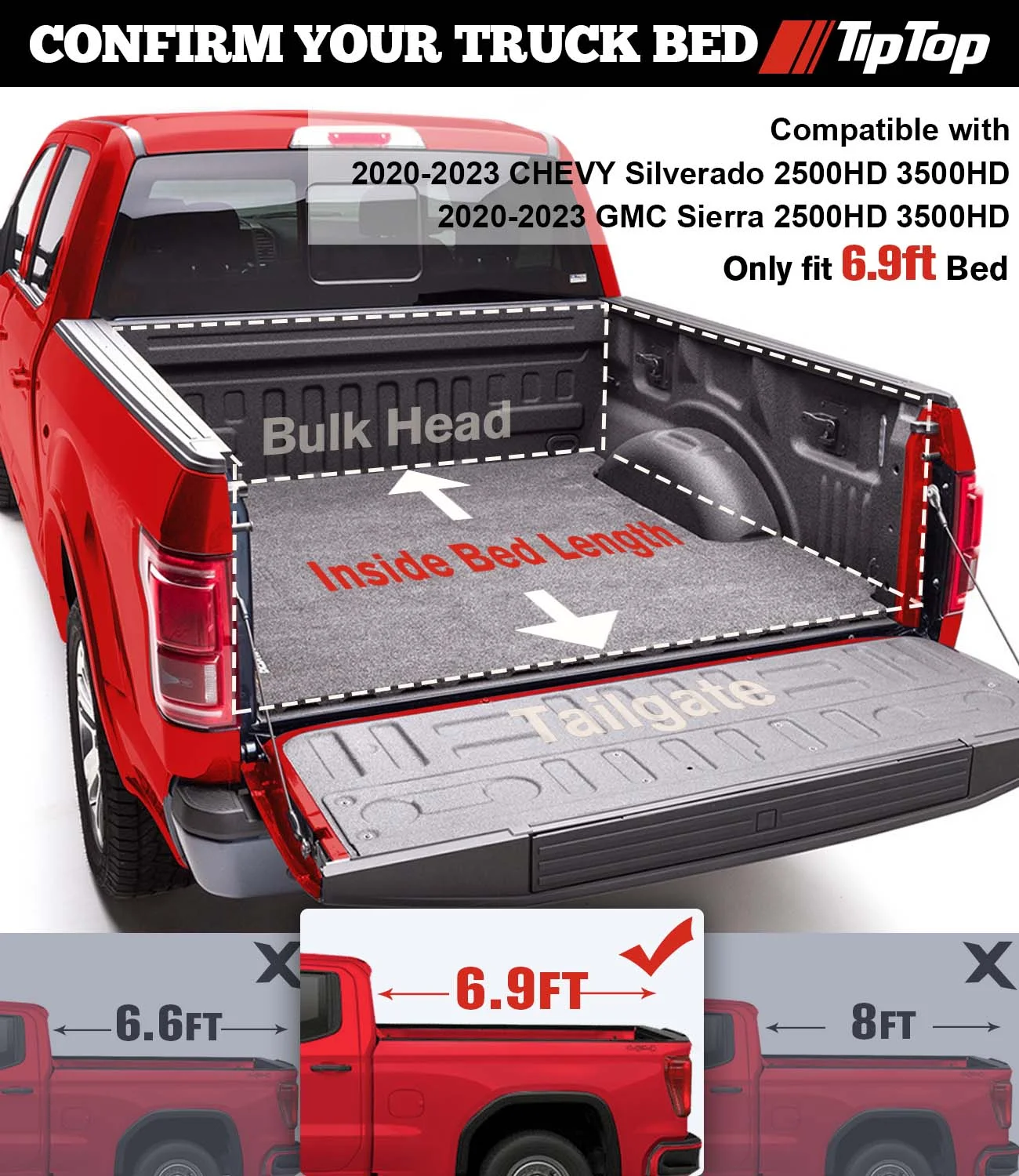 TIPTOP Tri-Fold Hard Tonneau Cover Truck Bed FRP On Top For 2020-2023 CHEVY Silverado / GMC Sierra 2500HD 3500HD New Body Style 6.9ft Bed (82.2