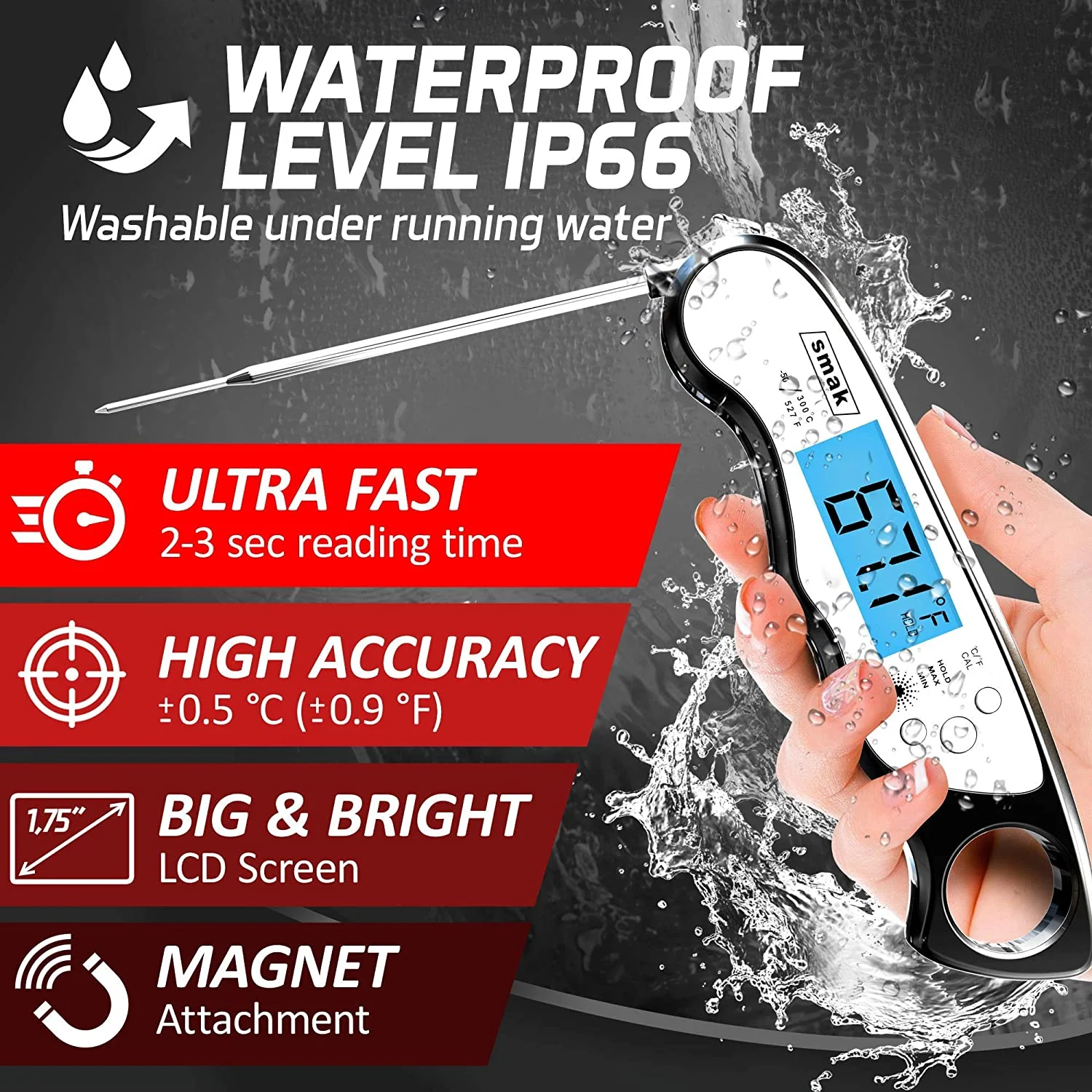 Digital Instant Read Meat Thermometer - Smak Waterproof Kitchen Food Cooking Thermometer with Backlight LCD - Best Super Fast Electric Meat Thermometer Probe for BBQ Grilling Baking Turkey Black