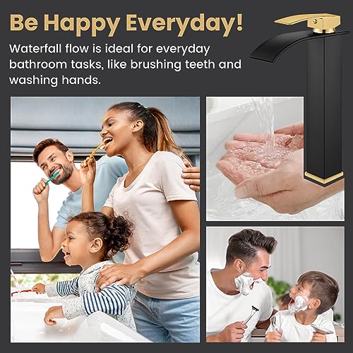 Airuida Brushed Gold Tall Waterfall Bathroom Vessel Sink Faucet Modern Bathroom Vanity Faucet Single Handle Single Hole Farmhouse Bar Mixer Tap Washbasin Faucet Deck Mount