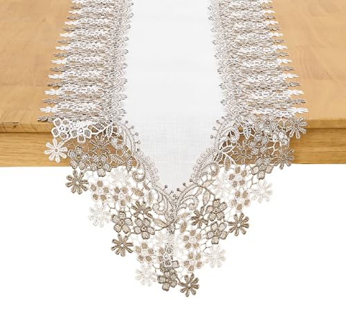 White Beige Floral Lace Table Runner Dresser Scarf 120 inches Long for Kitchen Dining Coffee Table Parties Wedding Home Decor (White, 16” x 120”)