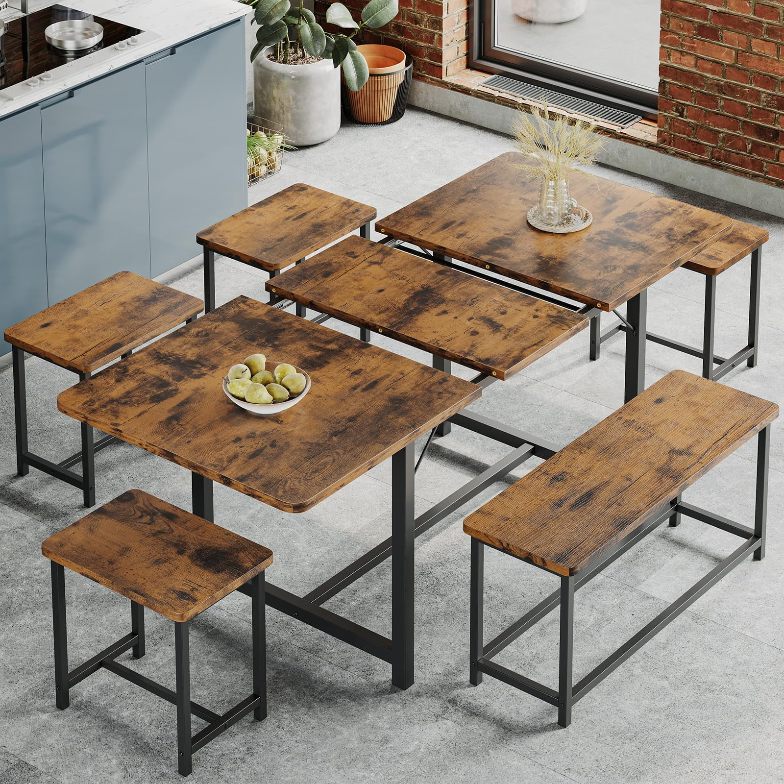 6-Piece Dining Table Set, Extendable Corner Kitchen Table with 1 Bench and 4 Square Stools, Brown