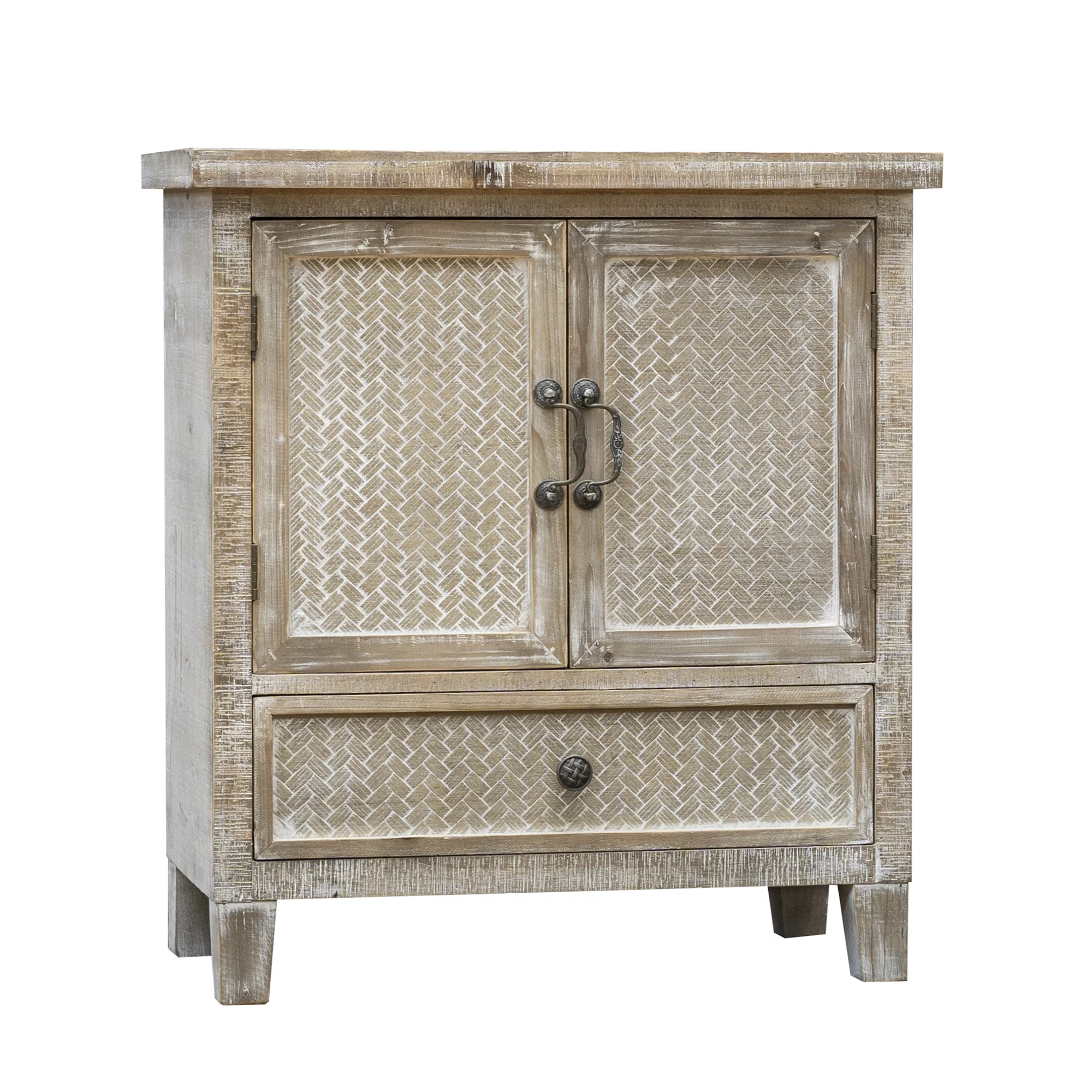 Parisloft Weathered Wood Cabinet with 1 Drawer and 2 Doors, Faux Bamboo Weaving Design, 28.125