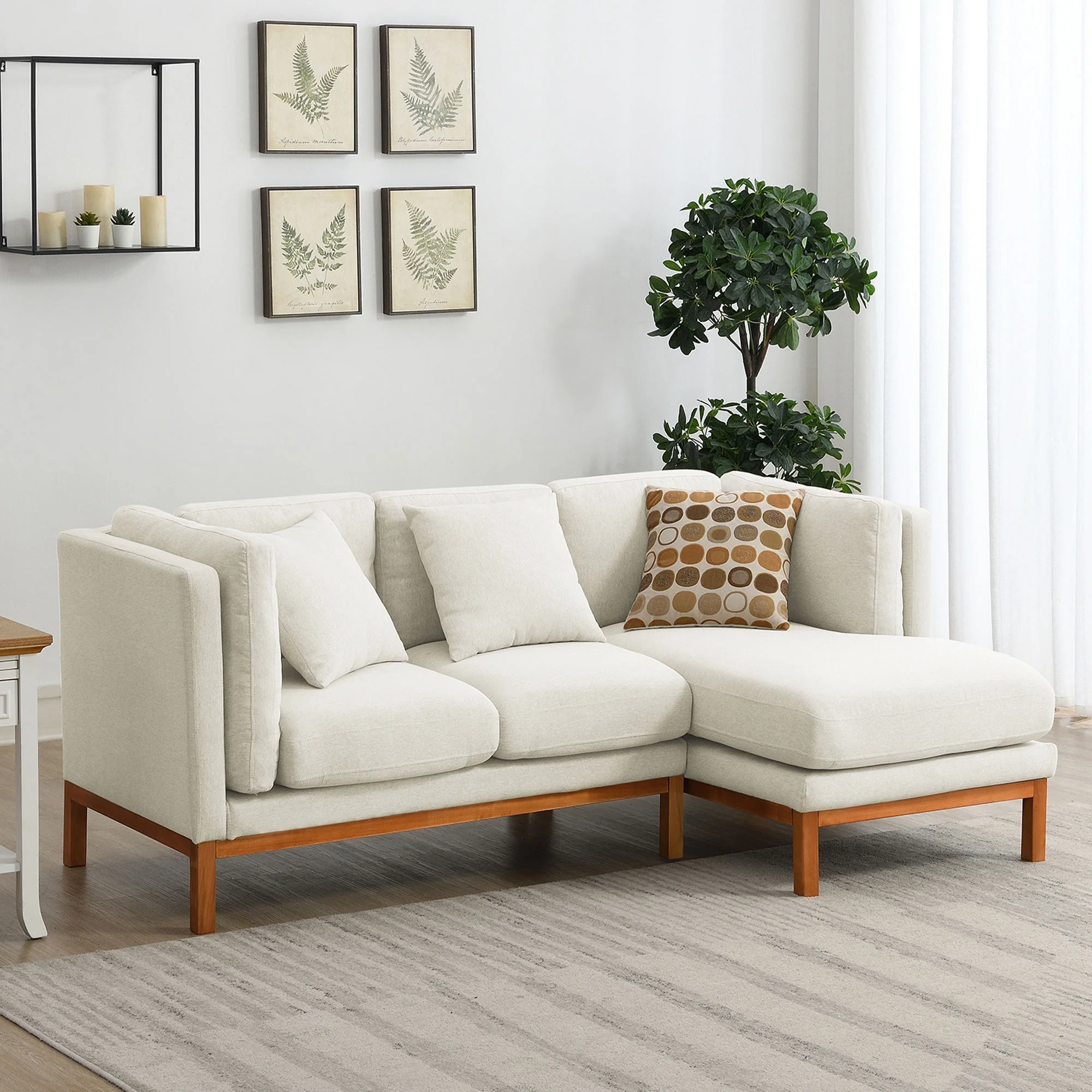 Churanty Modern Sectional Sofa with Chaise Lounge, Linen L shaped Couch Set 3 Seat Sofa with Wood legs for Small Space Living Room Apartment,Cream