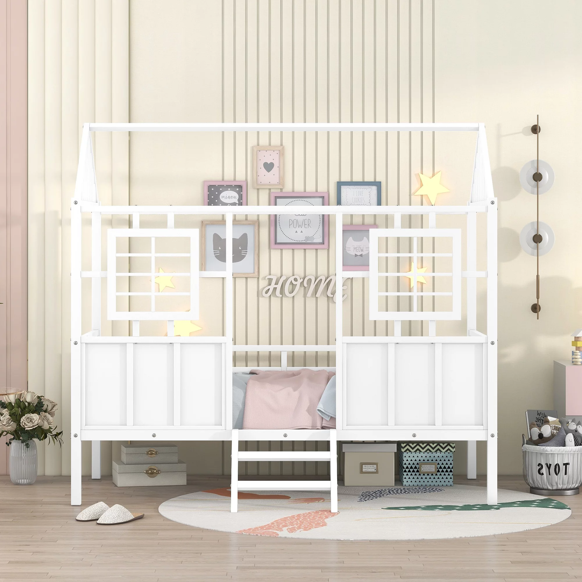 Metal Twin Low Loft Bed with House-Shaped Roof and Window for Kids, White