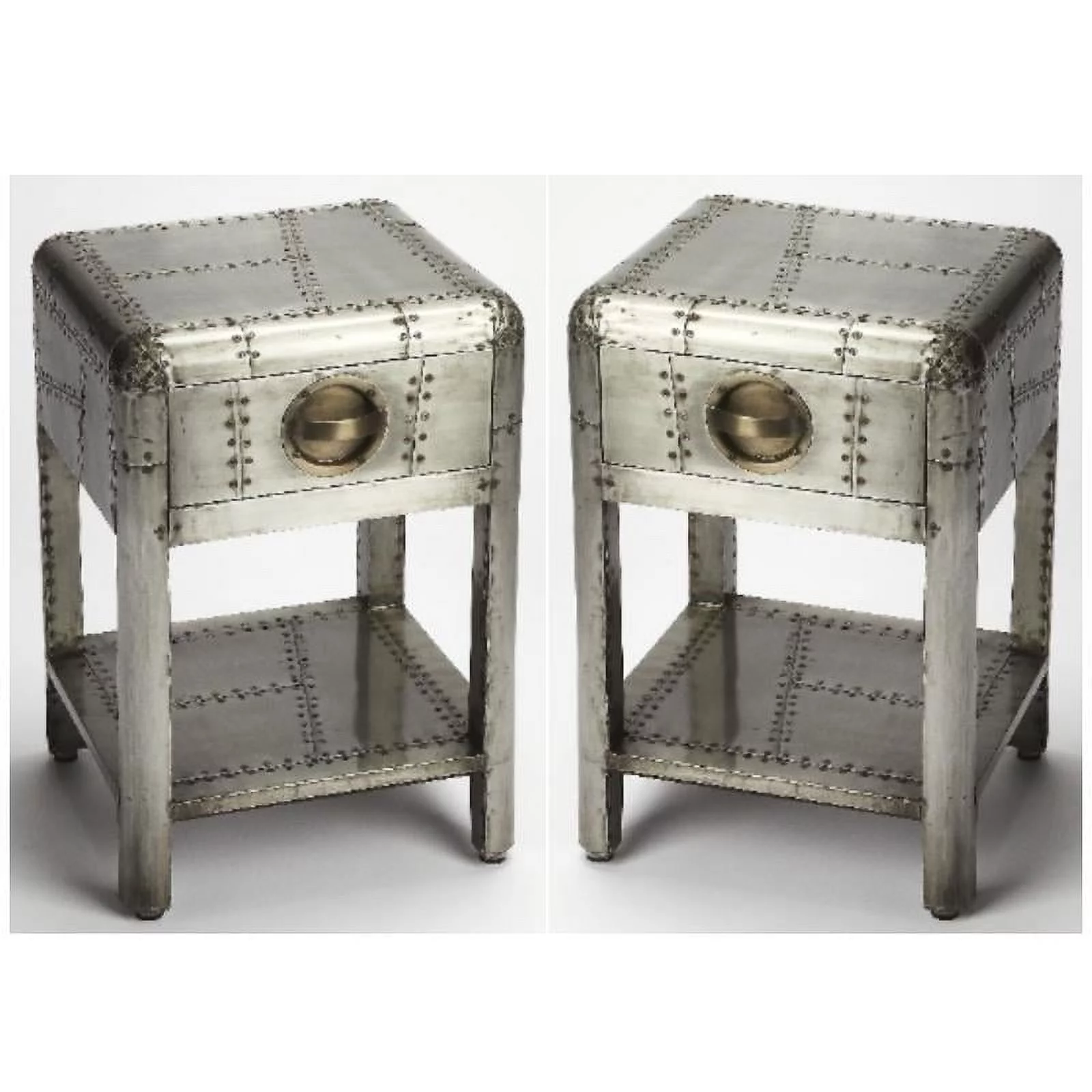 Home Square One Drawer Metal Side Table in Silver - Set of 2
