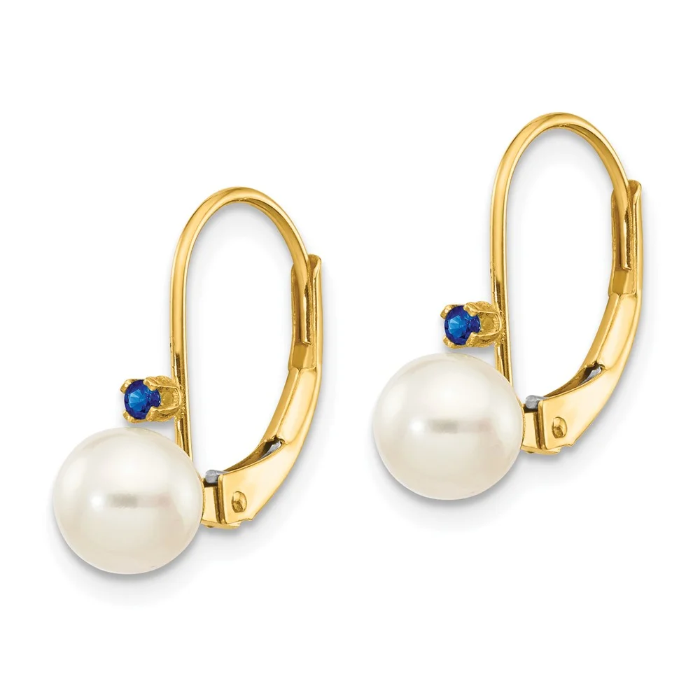 Finest GoldXLB50S-PL 14K 5-5.5 mm White Round FW Cultured Pearl Sapphire Leverback Earrings