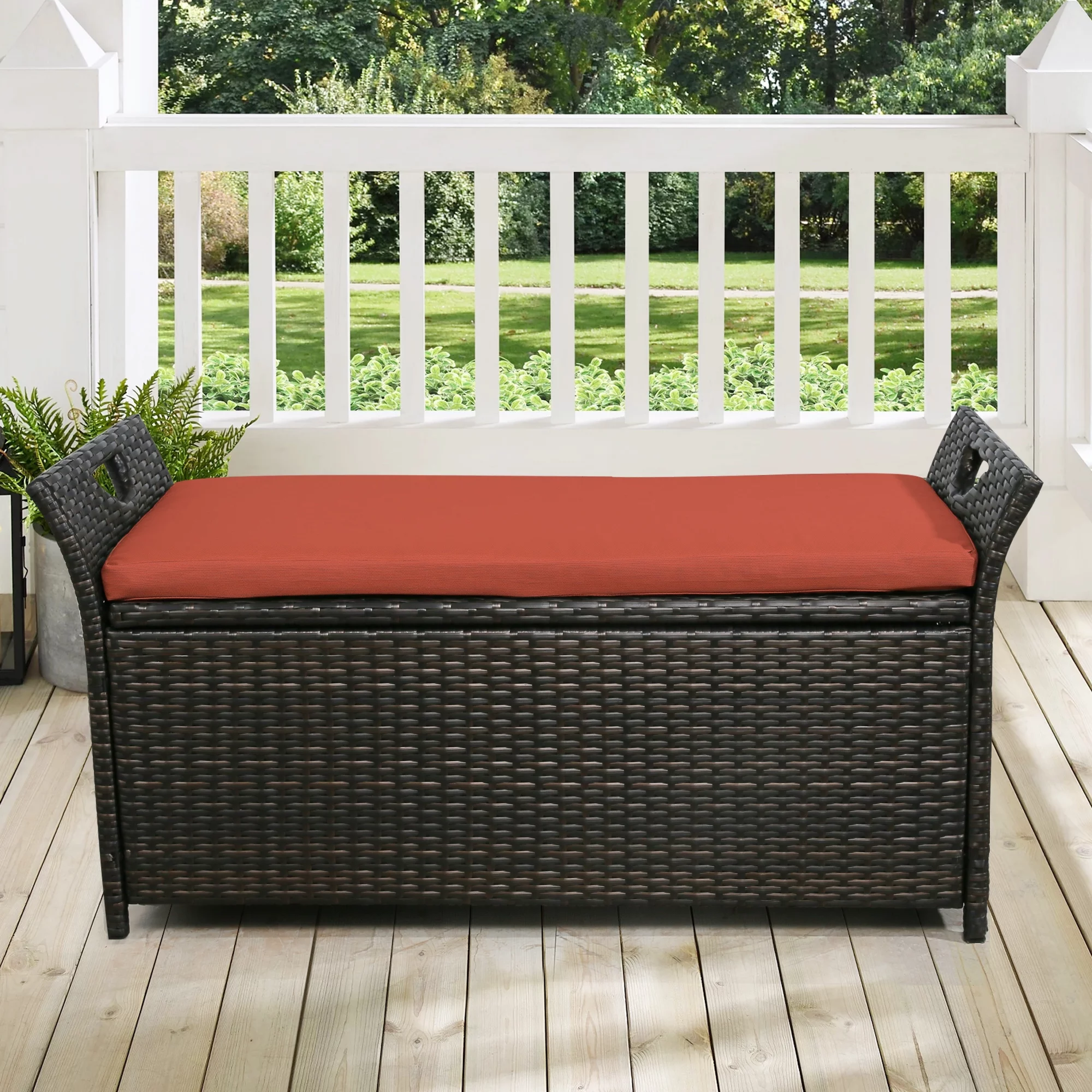 Ulax Furniture 27.6 Gallon Patio Wicker Storage Box, Outdoor Rattan Storage Bench Deck Bin with Cushion and Hydraulic Hinge Lid (Rust Red)