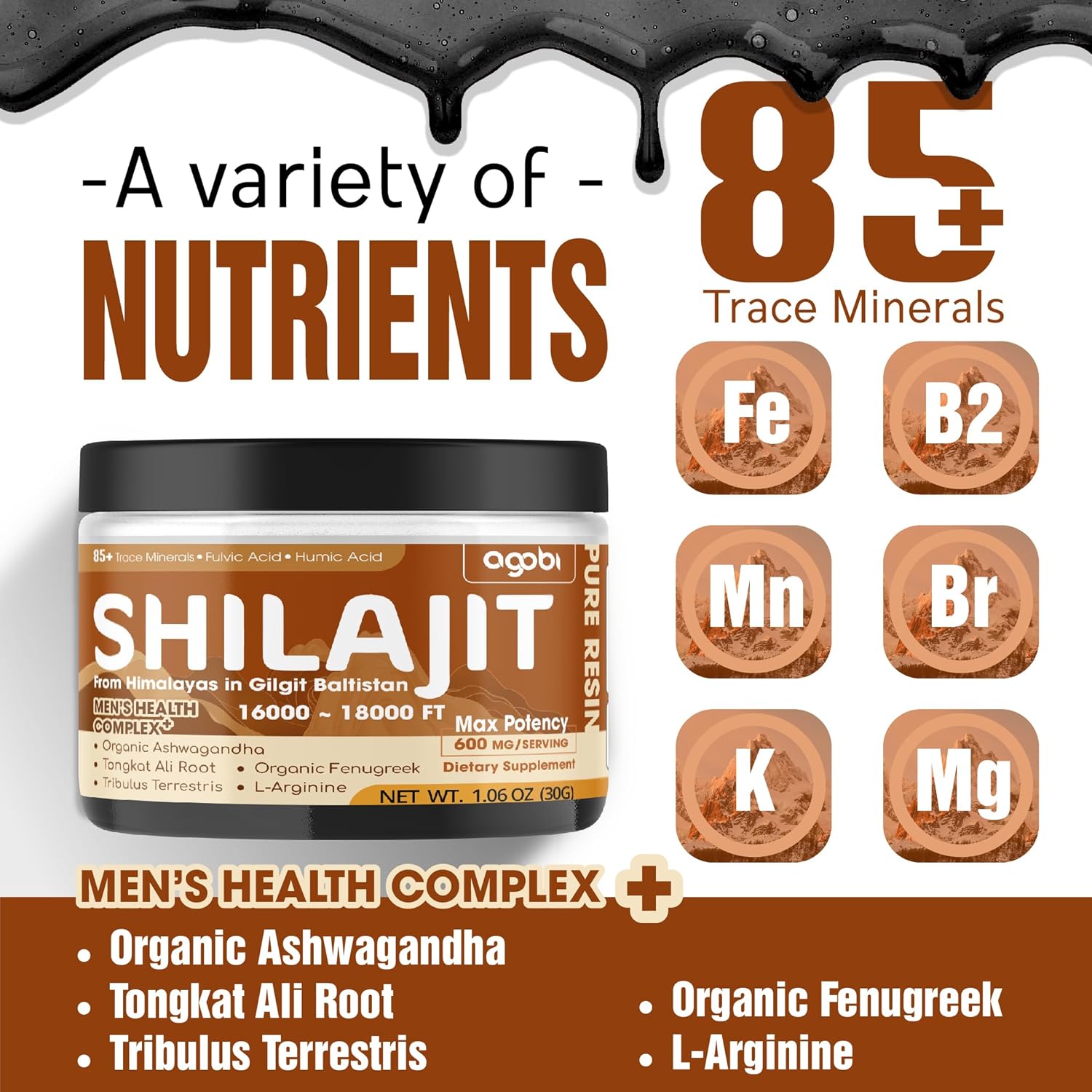 Shilajit Pure Himalayan Organic Resin - 30g Shilajit Supplement with 85+ Trace Minerals, Fulvic Acid, Ashwagandha Root, Tongkat Ali & More Herbal - Support Immune, Energy Production & Brain Health